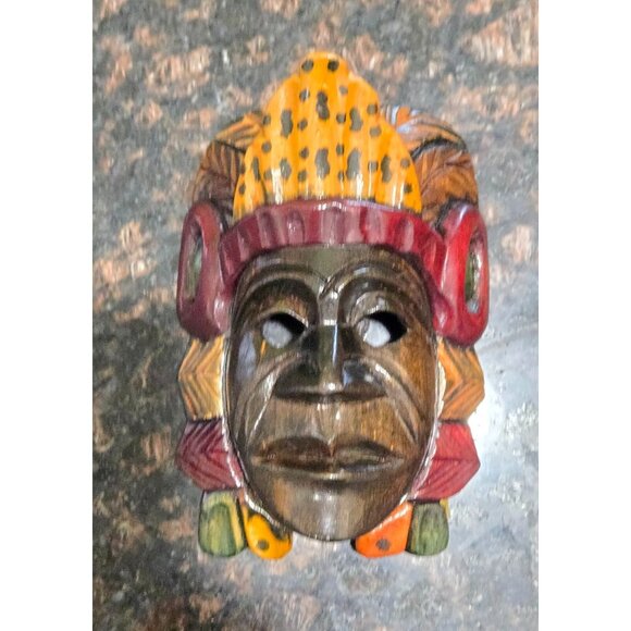 Mayan Vtg Mask Hand Carved Wood 5.75"x2.25" Painted Tribal Ceremonial Folk Art - Picture 6 of 10